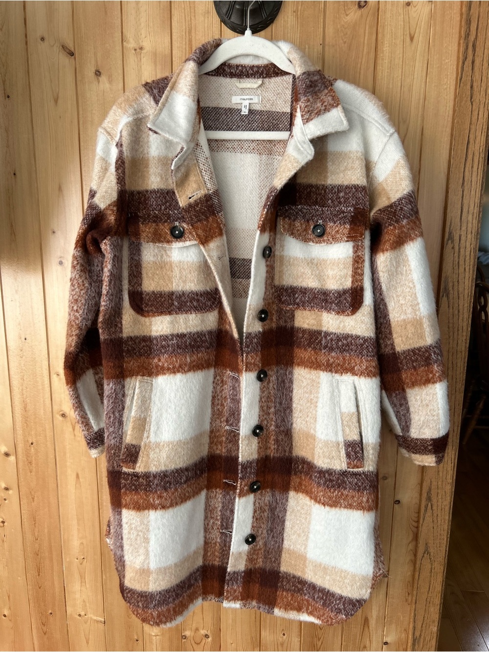 Women’s Maurices Plaid Trench Shacket in Brown and Cream Size Small